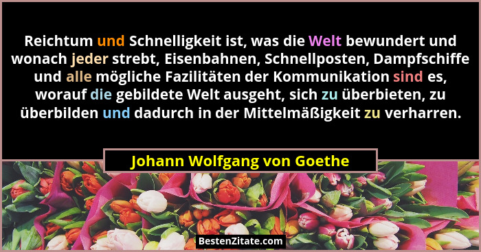 Reichtum und Schnelligkeit ist, was die Welt bewundert und wonach jeder strebt, Eisenbahnen, Schnellposten, Dampfschiffe... - Johann Wolfgang von Goethe
