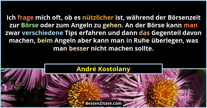 Ich frage mich oft, ob es nützlicher ist, während der Börsenzeit zur Börse oder zum Angeln zu gehen. An der Börse kann man zwar vers... - André Kostolany