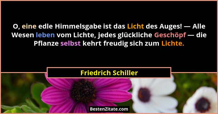 O, eine edle Himmelsgabe ist das Licht des Auges! — Alle Wesen leben vom Lichte, jedes glückliche Geschöpf — die Pflanze selbst k... - Friedrich Schiller