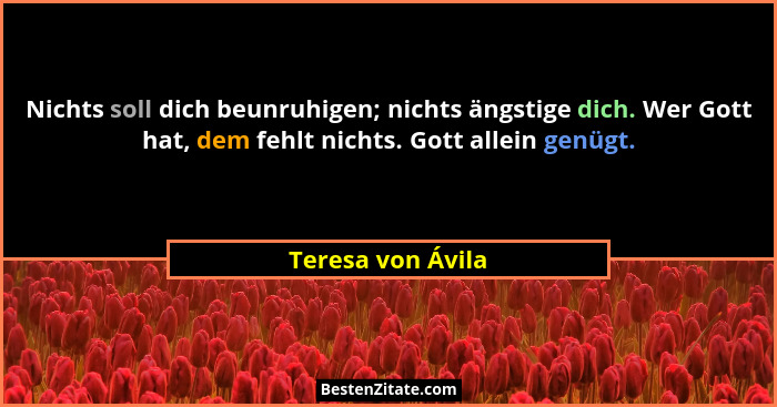 Nichts soll dich beunruhigen; nichts ängstige dich. Wer Gott hat, dem fehlt nichts. Gott allein genügt.... - Teresa von Ávila