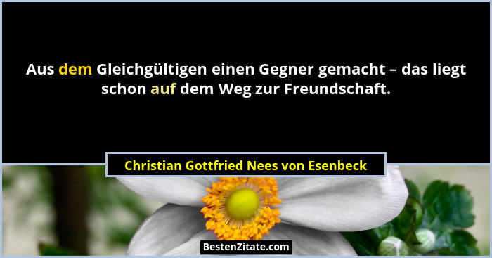 Aus dem Gleichgültigen einen Gegner gemacht – das liegt schon auf dem Weg zur Freundschaft.... - Christian Gottfried Nees von Esenbeck