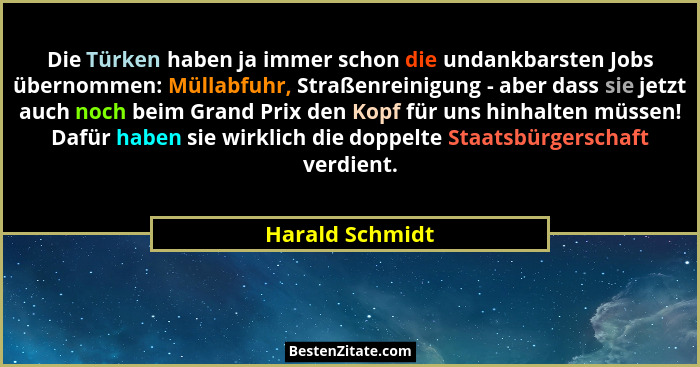 Die Türken haben ja immer schon die undankbarsten Jobs übernommen: Müllabfuhr, Straßenreinigung - aber dass sie jetzt auch noch beim... - Harald Schmidt