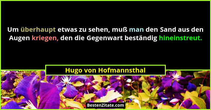 Um überhaupt etwas zu sehen, muß man den Sand aus den Augen kriegen, den die Gegenwart beständig hineinstreut.... - Hugo von Hofmannsthal