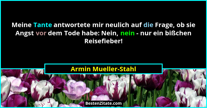 Meine Tante antwortete mir neulich auf die Frage, ob sie Angst vor dem Tode habe: Nein, nein - nur ein bißchen Reisefieber!... - Armin Mueller-Stahl