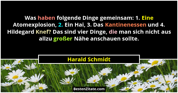 Was haben folgende Dinge gemeinsam: 1. Eine Atomexplosion, 2. Ein Hai, 3. Das Kantinenessen und 4. Hildegard Knef? Das sind vier Ding... - Harald Schmidt