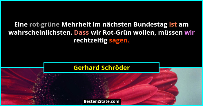 Eine rot-grüne Mehrheit im nächsten Bundestag ist am wahrscheinlichsten. Dass wir Rot-Grün wollen, müssen wir rechtzeitig sagen.... - Gerhard Schröder