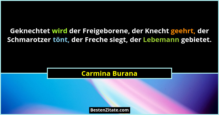 Geknechtet wird der Freigeborene, der Knecht geehrt, der Schmarotzer tönt, der Freche siegt, der Lebemann gebietet.... - Carmina Burana