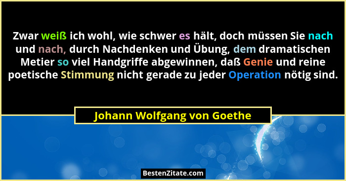 Zwar weiß ich wohl, wie schwer es hält, doch müssen Sie nach und nach, durch Nachdenken und Übung, dem dramatischen Metie... - Johann Wolfgang von Goethe