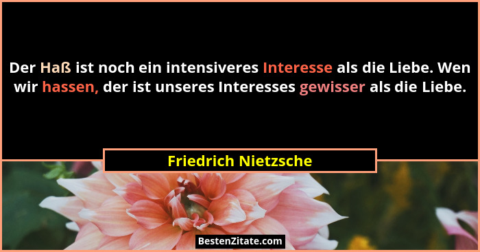 Der Haß ist noch ein intensiveres Interesse als die Liebe. Wen wir hassen, der ist unseres Interesses gewisser als die Liebe.... - Friedrich Nietzsche