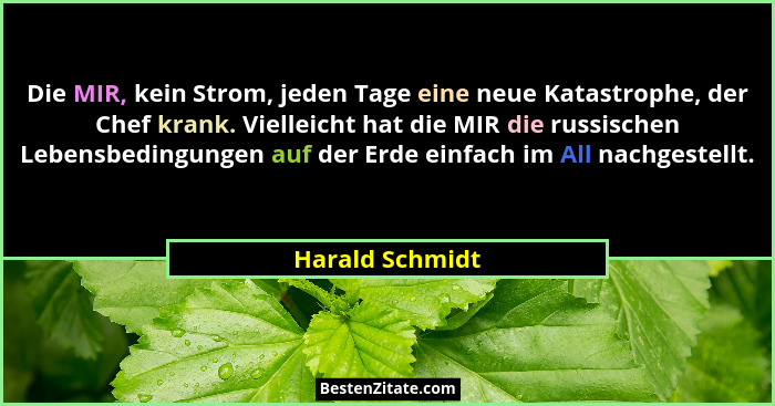 Die MIR, kein Strom, jeden Tage eine neue Katastrophe, der Chef krank. Vielleicht hat die MIR die russischen Lebensbedingungen auf de... - Harald Schmidt