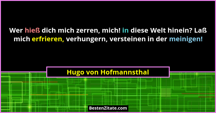 Wer hieß dich mich zerren, mich! in diese Welt hinein? Laß mich erfrieren, verhungern, versteinen in der meinigen!... - Hugo von Hofmannsthal
