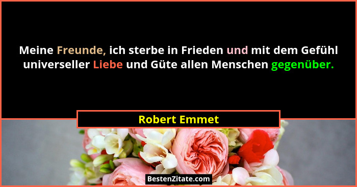 Meine Freunde, ich sterbe in Frieden und mit dem Gefühl universeller Liebe und Güte allen Menschen gegenüber.... - Robert Emmet