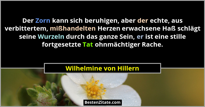 Der Zorn kann sich beruhigen, aber der echte, aus verbittertem, mißhandelten Herzen erwachsene Haß schlägt seine Wurzeln durc... - Wilhelmine von Hillern
