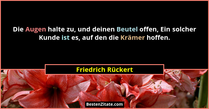 Die Augen halte zu, und deinen Beutel offen, Ein solcher Kunde ist es, auf den die Krämer hoffen.... - Friedrich Rückert