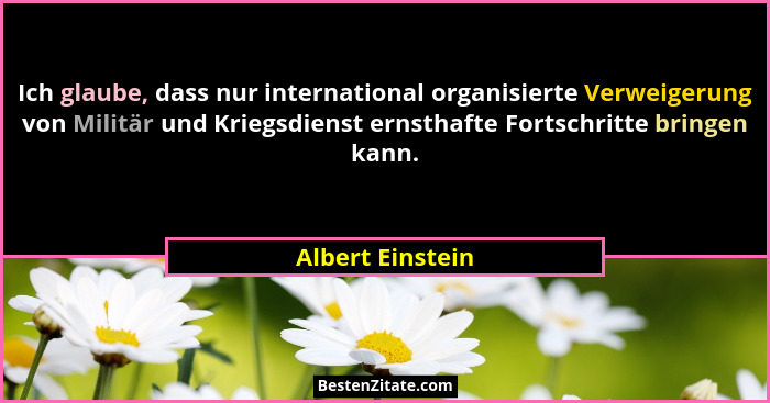 Ich glaube, dass nur international organisierte Verweigerung von Militär und Kriegsdienst ernsthafte Fortschritte bringen kann.... - Albert Einstein