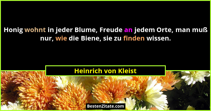 Honig wohnt in jeder Blume, Freude an jedem Orte, man muß nur, wie die Biene, sie zu finden wissen.... - Heinrich von Kleist