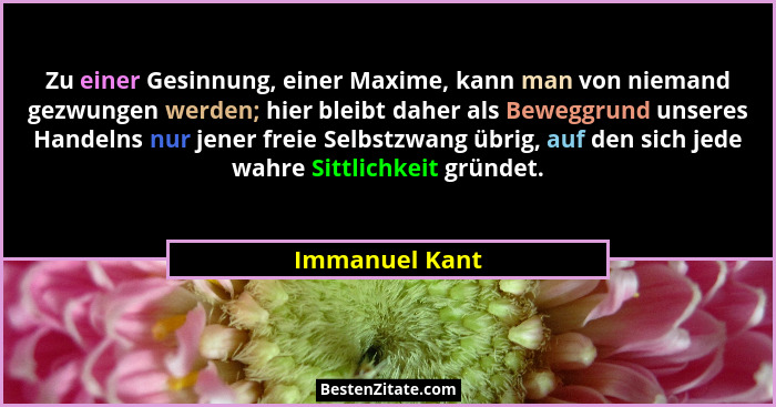 Zu einer Gesinnung, einer Maxime, kann man von niemand gezwungen werden; hier bleibt daher als Beweggrund unseres Handelns nur jener f... - Immanuel Kant