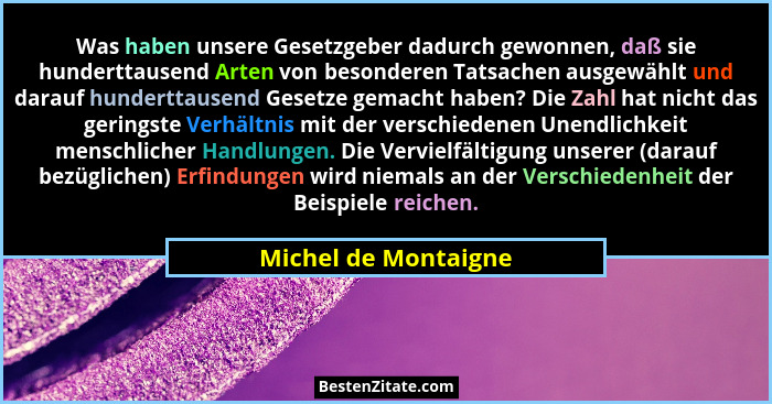Was haben unsere Gesetzgeber dadurch gewonnen, daß sie hunderttausend Arten von besonderen Tatsachen ausgewählt und darauf hunde... - Michel de Montaigne