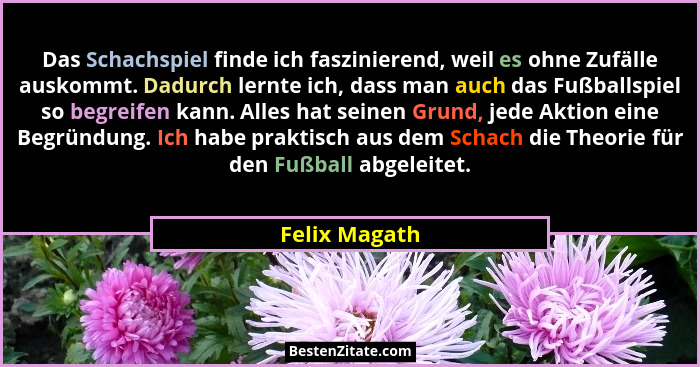 Das Schachspiel finde ich faszinierend, weil es ohne Zufälle auskommt. Dadurch lernte ich, dass man auch das Fußballspiel so begreifen... - Felix Magath