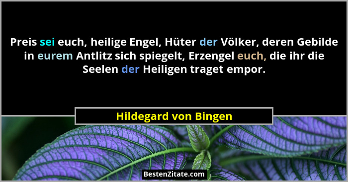 Preis sei euch, heilige Engel, Hüter der Völker, deren Gebilde in eurem Antlitz sich spiegelt, Erzengel euch, die ihr die Seele... - Hildegard von Bingen