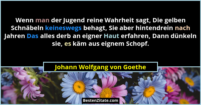 Wenn man der Jugend reine Wahrheit sagt, Die gelben Schnäbeln keineswegs behagt, Sie aber hintendrein nach Jahren Das all... - Johann Wolfgang von Goethe