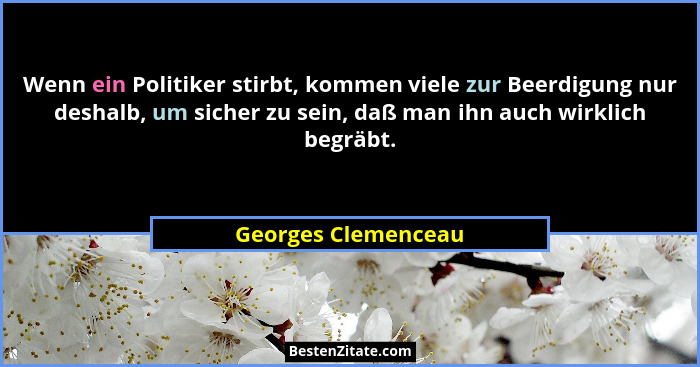 Wenn ein Politiker stirbt, kommen viele zur Beerdigung nur deshalb, um sicher zu sein, daß man ihn auch wirklich begräbt.... - Georges Clemenceau