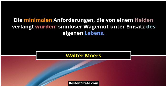 Die minimalen Anforderungen, die von einem Helden verlangt wurden: sinnloser Wagemut unter Einsatz des eigenen Lebens.... - Walter Moers