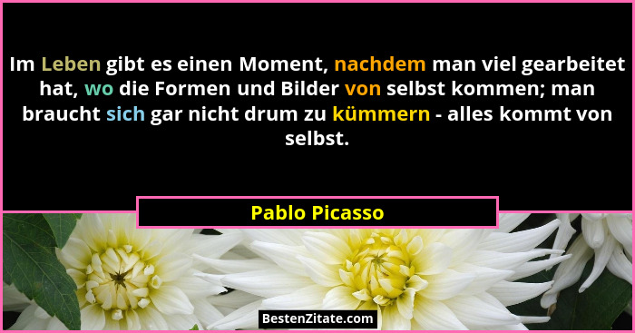 Im Leben gibt es einen Moment, nachdem man viel gearbeitet hat, wo die Formen und Bilder von selbst kommen; man braucht sich gar nicht... - Pablo Picasso
