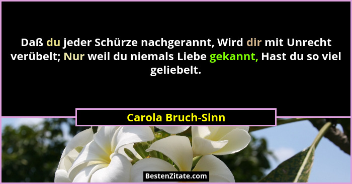 Daß du jeder Schürze nachgerannt, Wird dir mit Unrecht verübelt; Nur weil du niemals Liebe gekannt, Hast du so viel geliebelt.... - Carola Bruch-Sinn