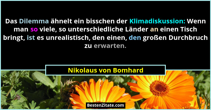 Das Dilemma ähnelt ein bisschen der Klimadiskussion: Wenn man so viele, so unterschiedliche Länder an einen Tisch bringt, ist e... - Nikolaus von Bomhard