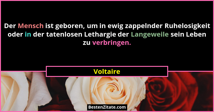 Der Mensch ist geboren, um in ewig zappelnder Ruhelosigkeit oder in der tatenlosen Lethargie der Langeweile sein Leben zu verbringen.... - Voltaire