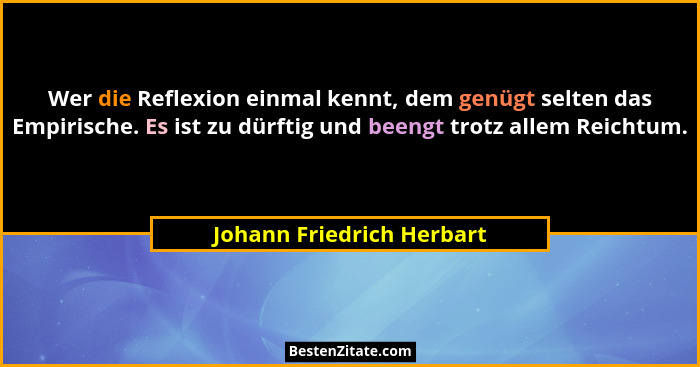 Wer die Reflexion einmal kennt, dem genügt selten das Empirische. Es ist zu dürftig und beengt trotz allem Reichtum.... - Johann Friedrich Herbart