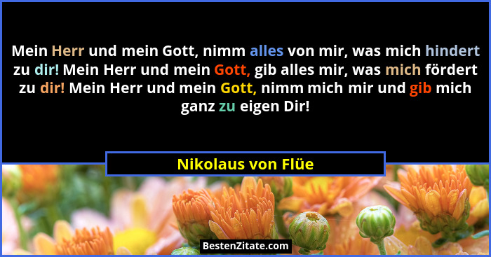 Mein Herr und mein Gott, nimm alles von mir, was mich hindert zu dir! Mein Herr und mein Gott, gib alles mir, was mich fördert zu... - Nikolaus von Flüe