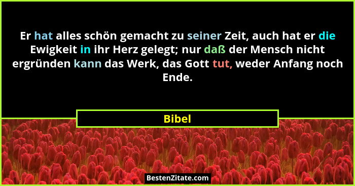 Er hat alles schön gemacht zu seiner Zeit, auch hat er die Ewigkeit in ihr Herz gelegt; nur daß der Mensch nicht ergründen kann das Werk, das... - Bibel