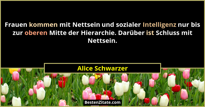 Frauen kommen mit Nettsein und sozialer Intelligenz nur bis zur oberen Mitte der Hierarchie. Darüber ist Schluss mit Nettsein.... - Alice Schwarzer