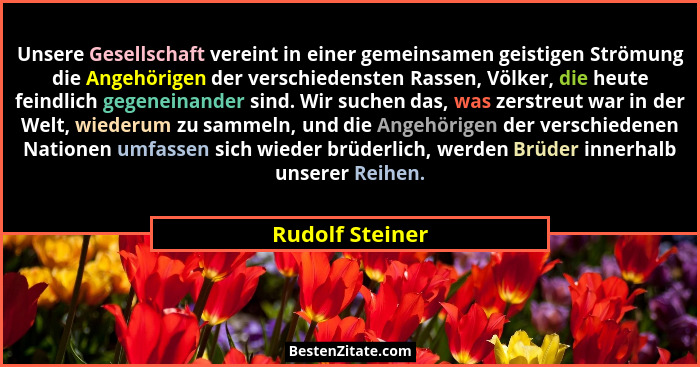 Unsere Gesellschaft vereint in einer gemeinsamen geistigen Strömung die Angehörigen der verschiedensten Rassen, Völker, die heute fei... - Rudolf Steiner