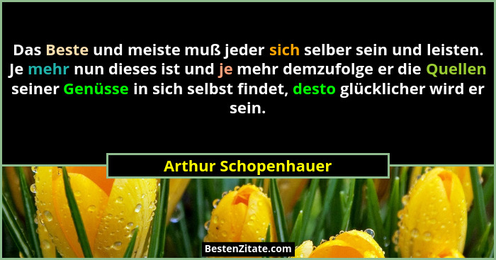 Das Beste und meiste muß jeder sich selber sein und leisten. Je mehr nun dieses ist und je mehr demzufolge er die Quellen seiner... - Arthur Schopenhauer