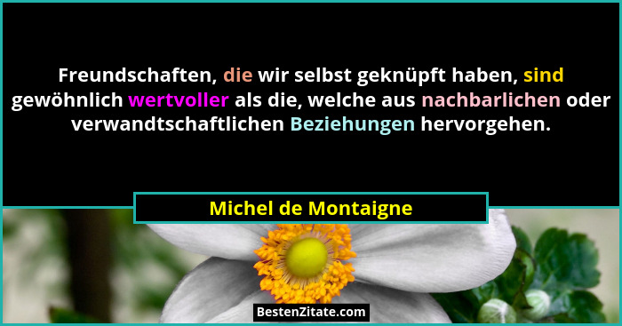 Freundschaften, die wir selbst geknüpft haben, sind gewöhnlich wertvoller als die, welche aus nachbarlichen oder verwandtschaftl... - Michel de Montaigne