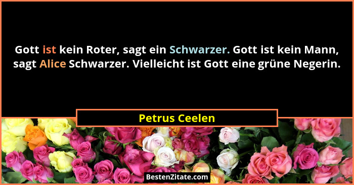 Gott ist kein Roter, sagt ein Schwarzer. Gott ist kein Mann, sagt Alice Schwarzer. Vielleicht ist Gott eine grüne Negerin.... - Petrus Ceelen