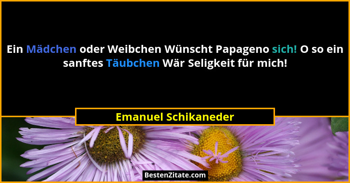 Ein Mädchen oder Weibchen Wünscht Papageno sich! O so ein sanftes Täubchen Wär Seligkeit für mich!... - Emanuel Schikaneder