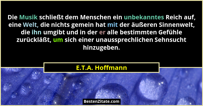Die Musik schließt dem Menschen ein unbekanntes Reich auf, eine Welt, die nichts gemein hat mit der äußeren Sinnenwelt, die ihn umgi... - E.T.A. Hoffmann