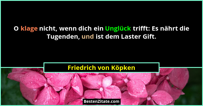 O klage nicht, wenn dich ein Unglück trifft: Es nährt die Tugenden, und ist dem Laster Gift.... - Friedrich von Köpken
