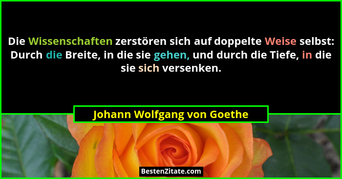 Die Wissenschaften zerstören sich auf doppelte Weise selbst: Durch die Breite, in die sie gehen, und durch die Tiefe, in... - Johann Wolfgang von Goethe