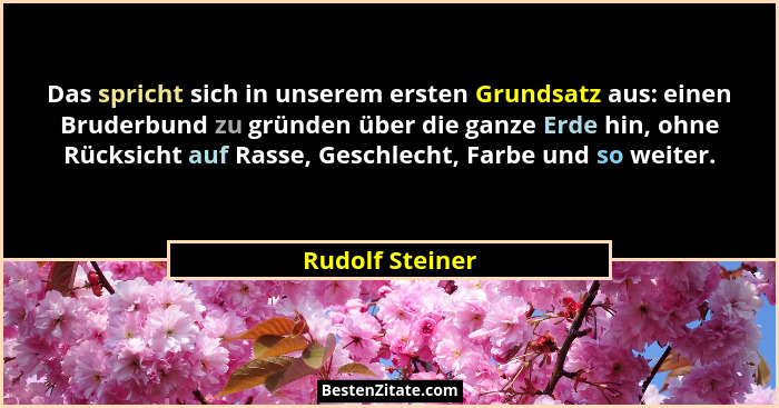 Das spricht sich in unserem ersten Grundsatz aus: einen Bruderbund zu gründen über die ganze Erde hin, ohne Rücksicht auf Rasse, Gesc... - Rudolf Steiner