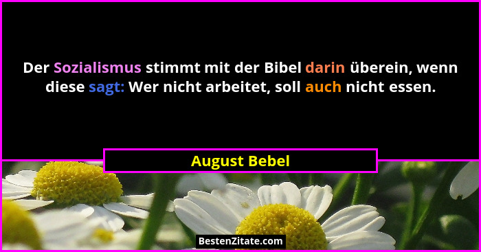 Der Sozialismus stimmt mit der Bibel darin überein, wenn diese sagt: Wer nicht arbeitet, soll auch nicht essen.... - August Bebel
