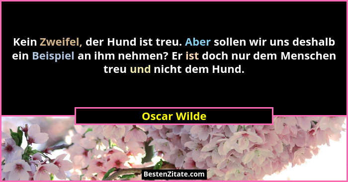 Kein Zweifel, der Hund ist treu. Aber sollen wir uns deshalb ein Beispiel an ihm nehmen? Er ist doch nur dem Menschen treu und nicht dem... - Oscar Wilde