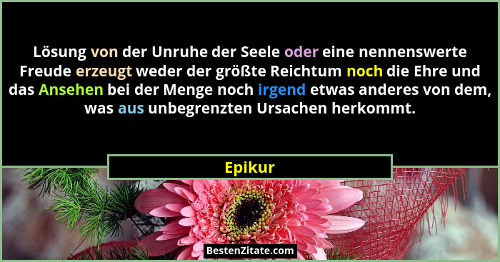 Lösung von der Unruhe der Seele oder eine nennenswerte Freude erzeugt weder der größte Reichtum noch die Ehre und das Ansehen bei der Menge n... - Epikur