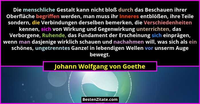 Die menschliche Gestalt kann nicht bloß durch das Beschauen ihrer Oberfläche begriffen werden, man muss ihr Inneres entbl... - Johann Wolfgang von Goethe