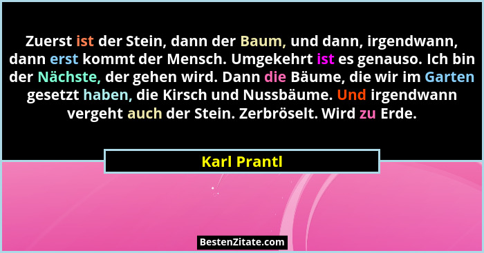Zuerst ist der Stein, dann der Baum, und dann, irgendwann, dann erst kommt der Mensch. Umgekehrt ist es genauso. Ich bin der Nächste, de... - Karl Prantl