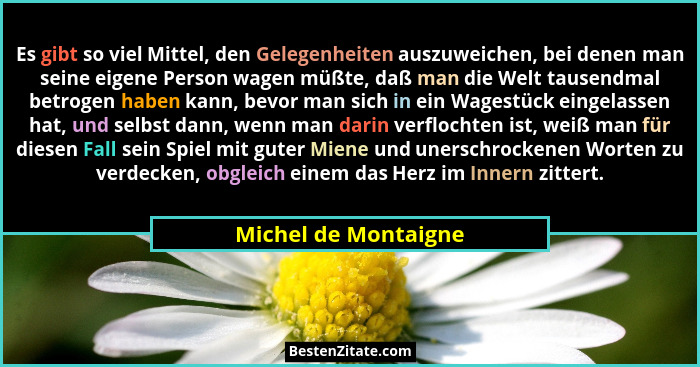 Es gibt so viel Mittel, den Gelegenheiten auszuweichen, bei denen man seine eigene Person wagen müßte, daß man die Welt tausendm... - Michel de Montaigne